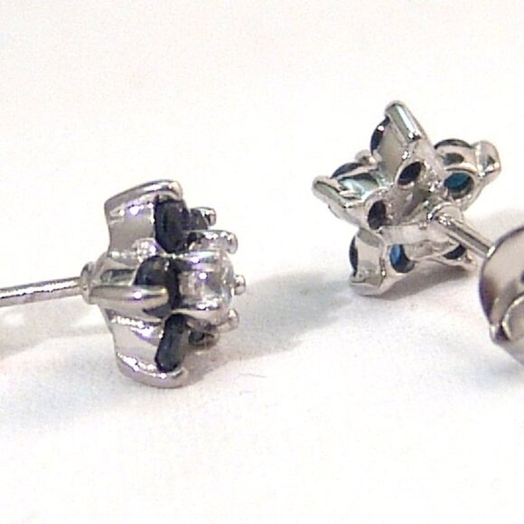 Genuine Sapphire Sterling Silver Stud Earrings Anti-tarnish Flower Design - Picture 6 of 8